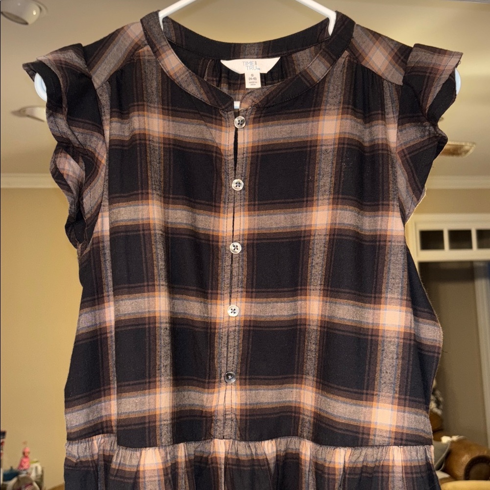 NWT Time & Tru dark brown orange blue plaid dress with pockets small